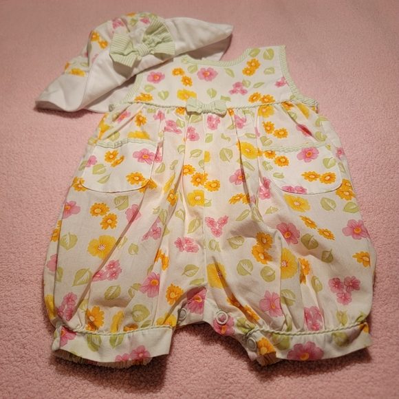 CARTER'S ♡ 2pc Vintage Lime Green 'n White Stripe Trim Bright Floral Romper 3-6M - Picture 8 of 17